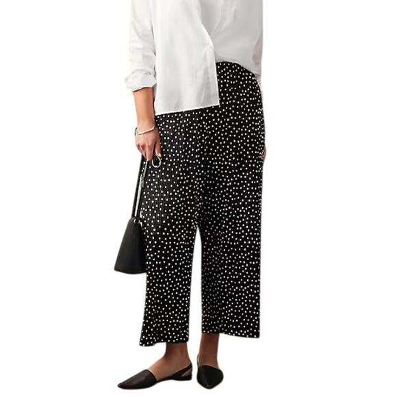 J Jill Wearever Plissé Wide Leg Crop Pants Womens XL Black Polka Dots Flowy NEW - Picture 1 of 16